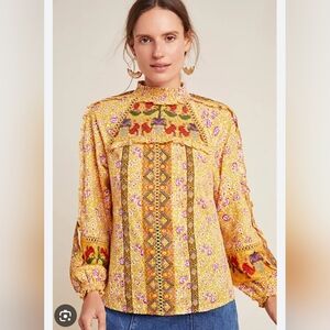 Maeve Anthropologie Floral Yellow Women's Embroidered Top EUC Sizs 4 PTP 19